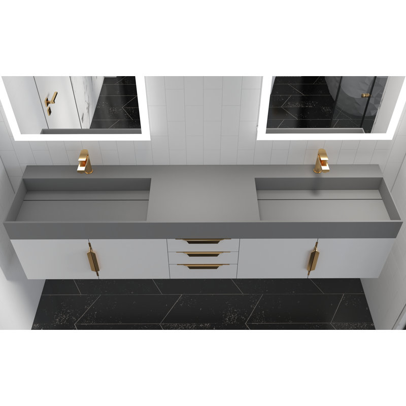 Meuble-lavabo double 84 po avec plateau Amazon, Blanc, Gris, Or