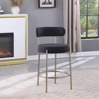 Tabouret de comptoir de cuisine moderne de 26 po - Revêtement, pieds en laiton brossé, dossier bas rond pour espace pour animaux de compagnie, siège à deux places noir avec deux pieds avec