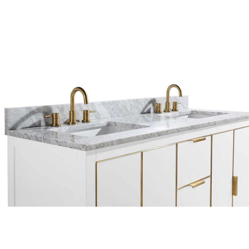 Austen 61'' W Double Vanity, Carrara White Marble/Gold, White