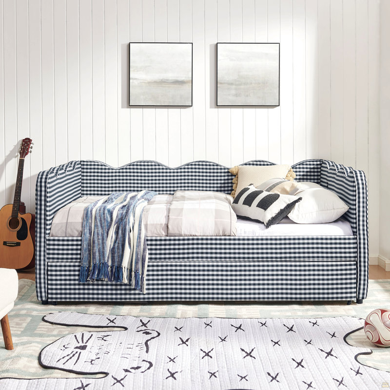 Lit de jour pleine grandeur avec lit gigogne simple sans sommier, avec port USB et adorable tissu en forme de vague, Marine