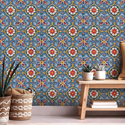 Peel and Stick Wallpaper Contact Paper Mexican talavera ceramic tile seamless Ethnic folk ornament Italian Self Adhesive and Removable 24in x 118in(60x300cm)