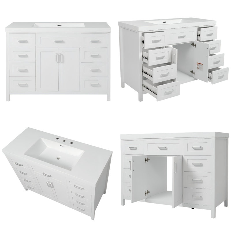 Ensemble de meuble-lavabo blanc classique 48 po avec lavabo, portes à fermeture douce et 8 tiroirs, conception autoportante