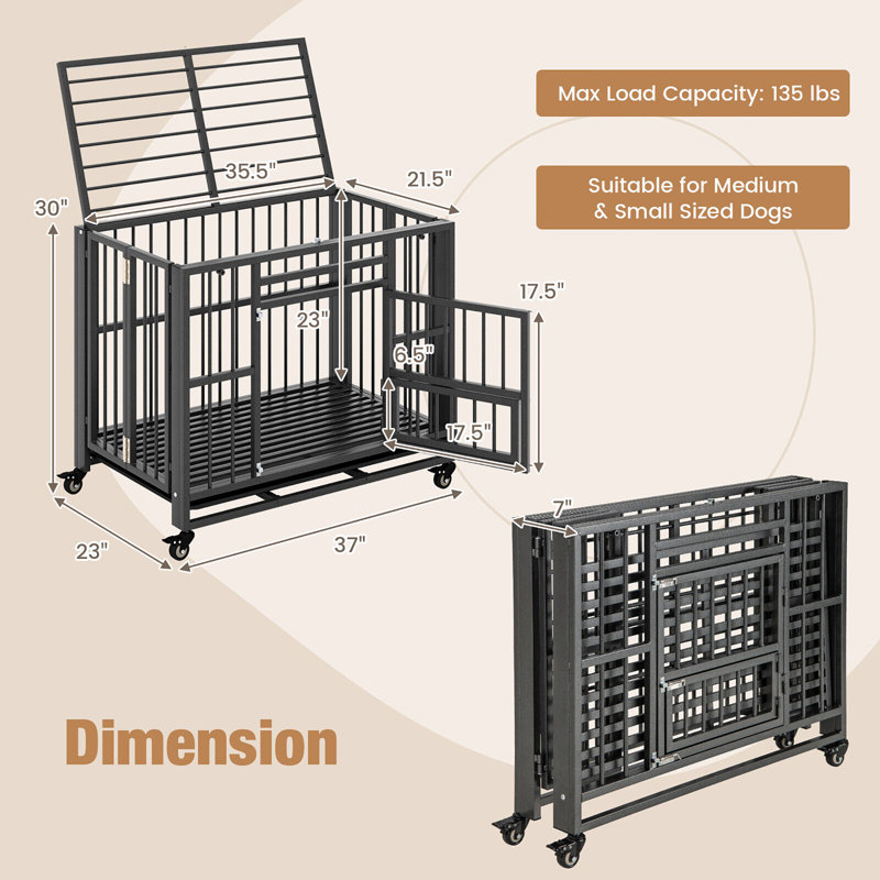 Heavy-Duty Black Metal Foldable Dog Cage with Wheels
