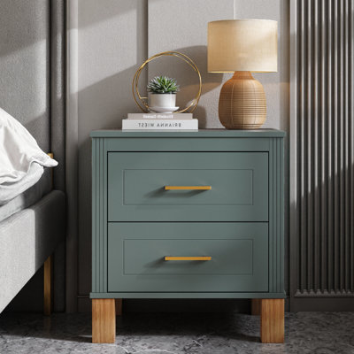 Table de chevet 20,5 po avec design cannelé et 2 tiroirs - Table de chevet en bois avec pieds en bois massif et poignées en métal - Table de bout haute pour chambre à coucher, salon, vestibule - Armoire de rangement compacte
