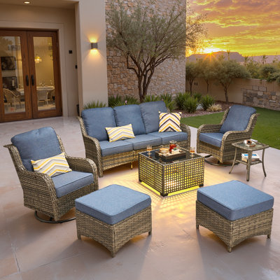 Amerissa 5 - Person Wicker Outdoor Conversation Set, Patio Swivel Chair Set with Lighted Coffee Table and Cushions