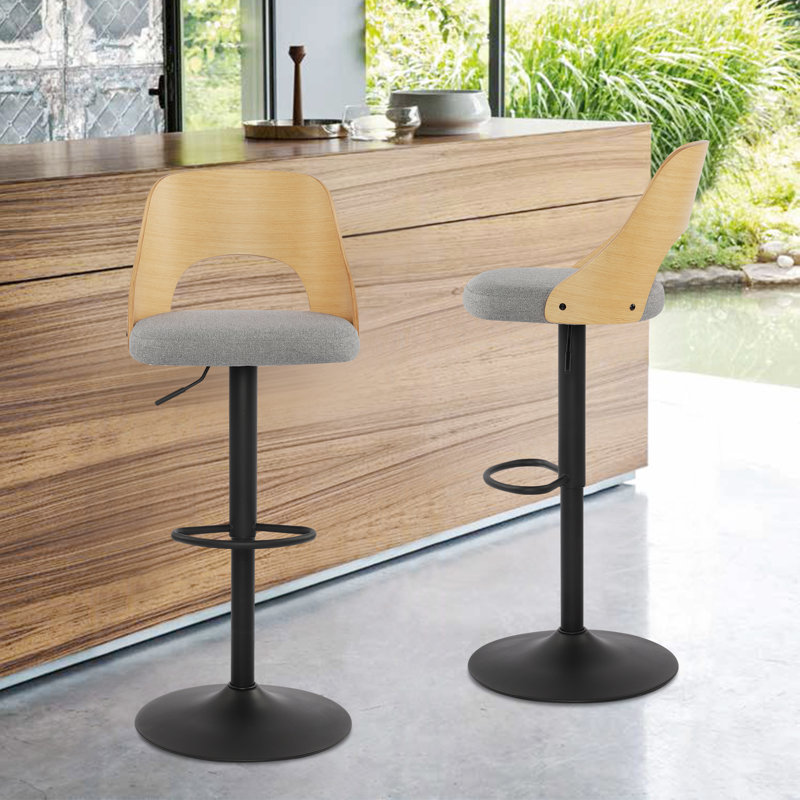 Beech Wood Middle Back Bar Stools Height Adjustable Bar Chairs With Footrest, Set Of 2, Beige