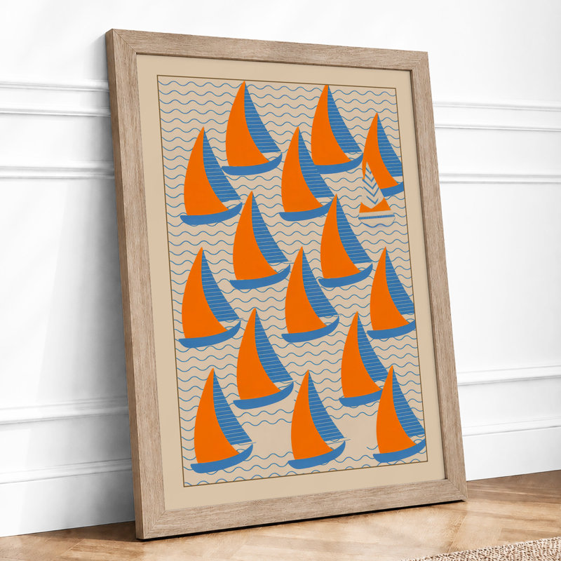 Sailboat Pattern Coastal - Framed Print, A1 - 84.1 x 59.4 cm, Oak