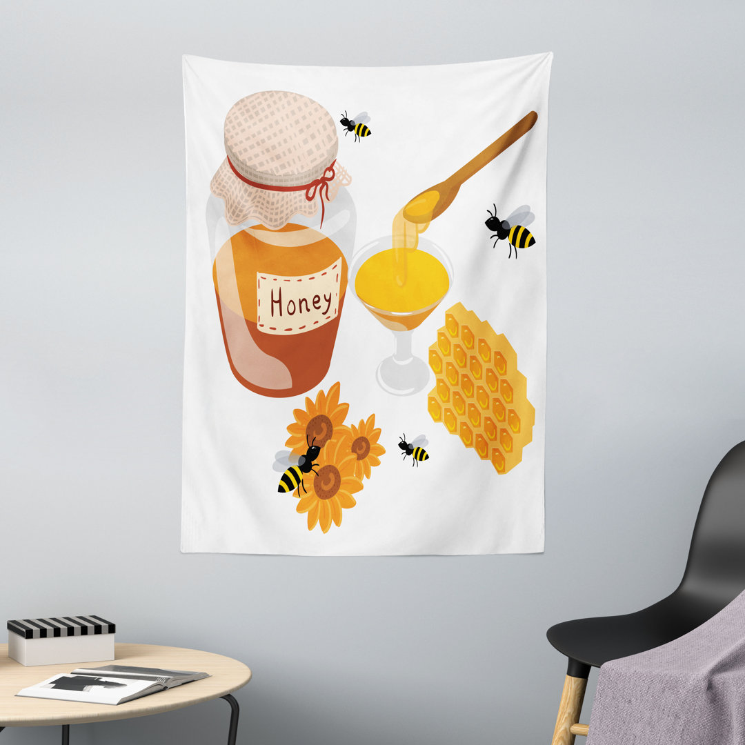 Wandteppich, Löffel Glas und Sonnenblumen, Honey Bee, Orange und Mehrfarbig