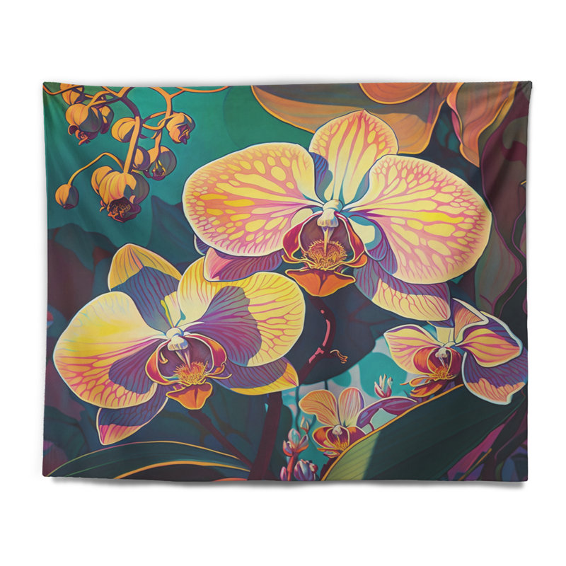 Polyester orchidée en fleurs dans des couleurs vives rétro tapisserie V, H 50 po x l 60 po