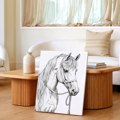 White Horse Portrait Sketch Elegant Equine Line Drawing Canvas Wall Art Print, White Elegant Decorative Artwork for Home Decor, Bedroom, Living Room, Office, Gallery Wall Accent