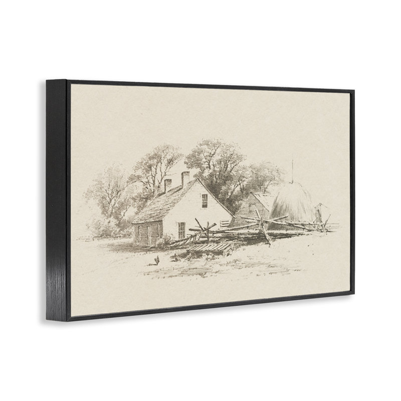 Dessin au crayon Cottage, H 16 po x l 24 po, Giclée encadrée noir minuit