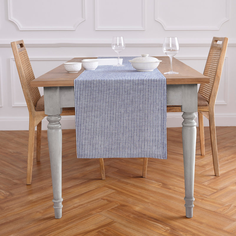 Narrow Stripe - 100% Pure Linen  Table Runner, Navy/White, 90" Rectangle