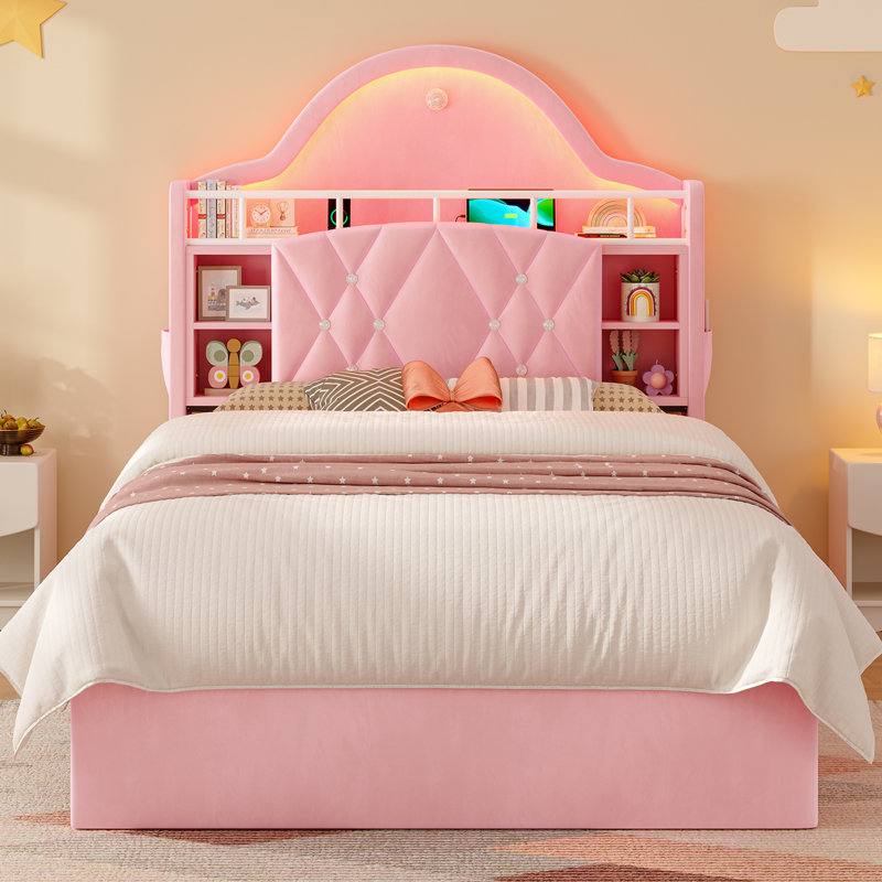 Lit avec tête de lit capitonnée en velours avec bibliothèque et station de charge avec lumières DEL, rose, Lit simple, Rose