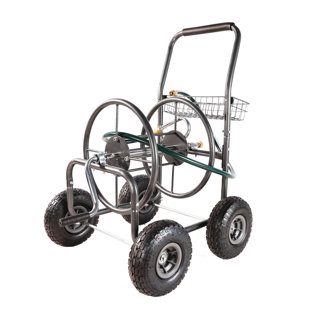 Garden Hose Reel Cart - 4 Wheels Portable Garden Hose Reel Cart With Storage Basket Rust Resistant Heavy Duty Water Hose Holder