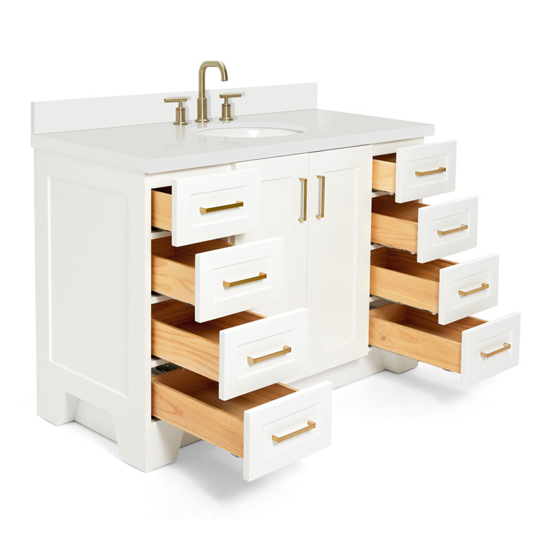 Freitas 48'' Solid Wood Single Bathroom Vanity, White, Oval, White Quartz