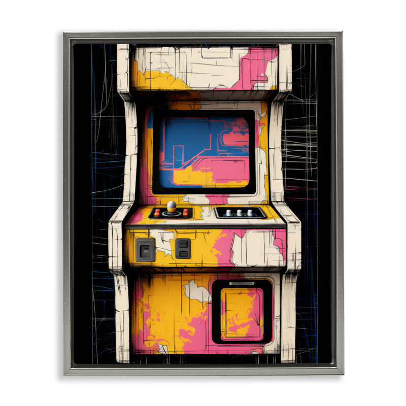 Cadre flottant rétro avec joysticks, design par Lazar Studio, H 31 po x l 25 po, Cadre flottant gris lustré