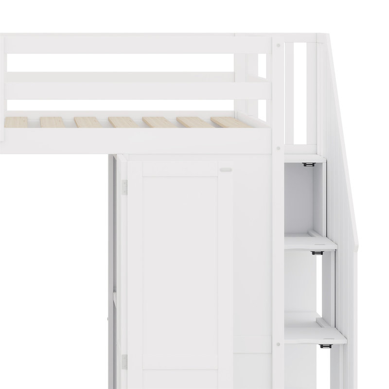 Lit mezzanine avec garde-robe, bureau et tablettes, Blanc