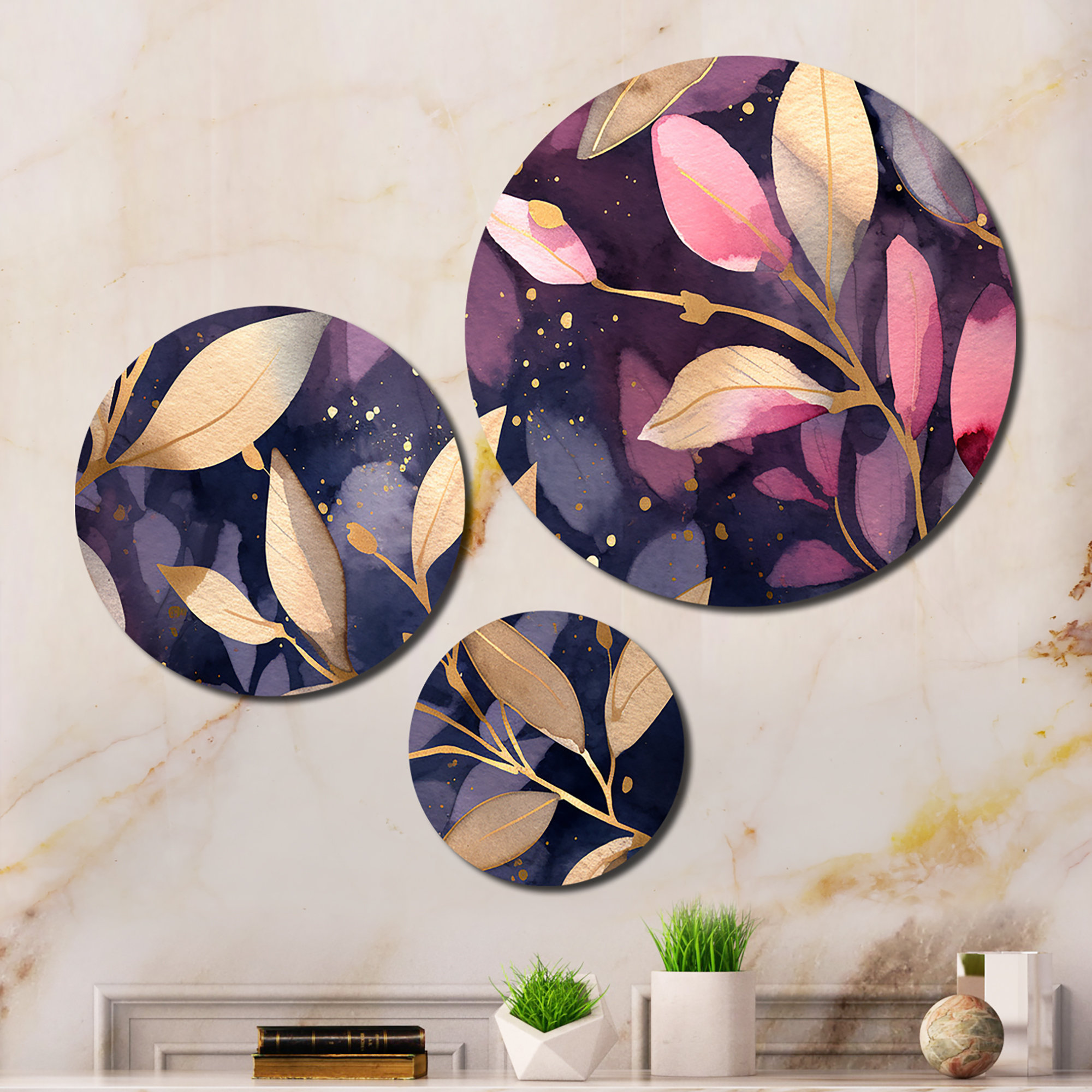 Design Art 3 Purple Gold Leafs Harmony Wall Decor Set Metal Wayfair