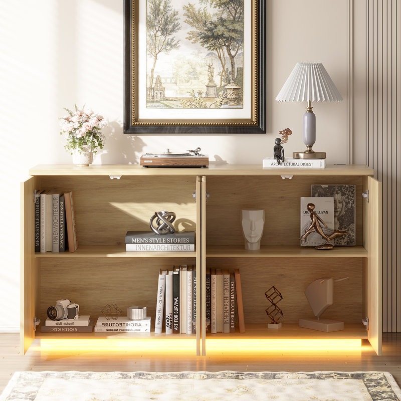63'' Sideboard Cabinet With Led Lights, Type-c Ports, Usb Ports & Motion Sensor, Wood