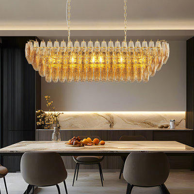 Lustres modernes pour la salle à manger, grand lustre de cuisine rectangulaire doré de 54 po au-dessus de la table, 12 lumières avec plafonniers en verre fumé, luminaire suspendu de style maison de campagne pour le salon et la chambre à coucher