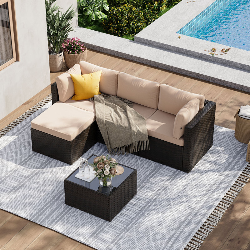 4 Seater Rattan Corner Sofa Garden Set With Glass Top - Weave, Brown