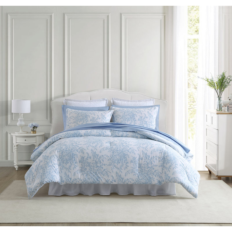 Laura Ashley Bedford Reversible Cotton Blue Comforter Set, King Comforter + 2 King Shams