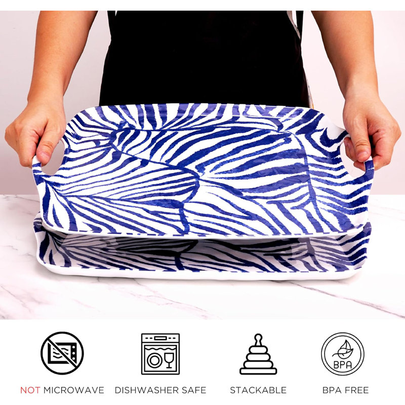 TP Serving Tray With Handles, Large Rectangle Melamine Serving Platter Set Of 2, Abstract, Blue