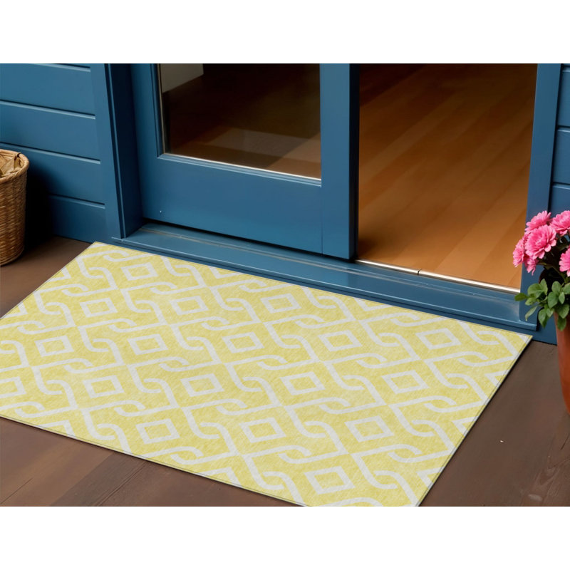 3' X 5' Yellow And Ivory Geometric Washable Indoor Outdoor Area Rug