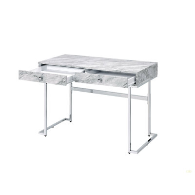 Tigress Printed Faux Marble Top & Chrome Finish Writing Desk Modern Rectangular Writing Desk - Sleek White Engineered Stone Top, Chrome Finish & 2 Storage Drawers