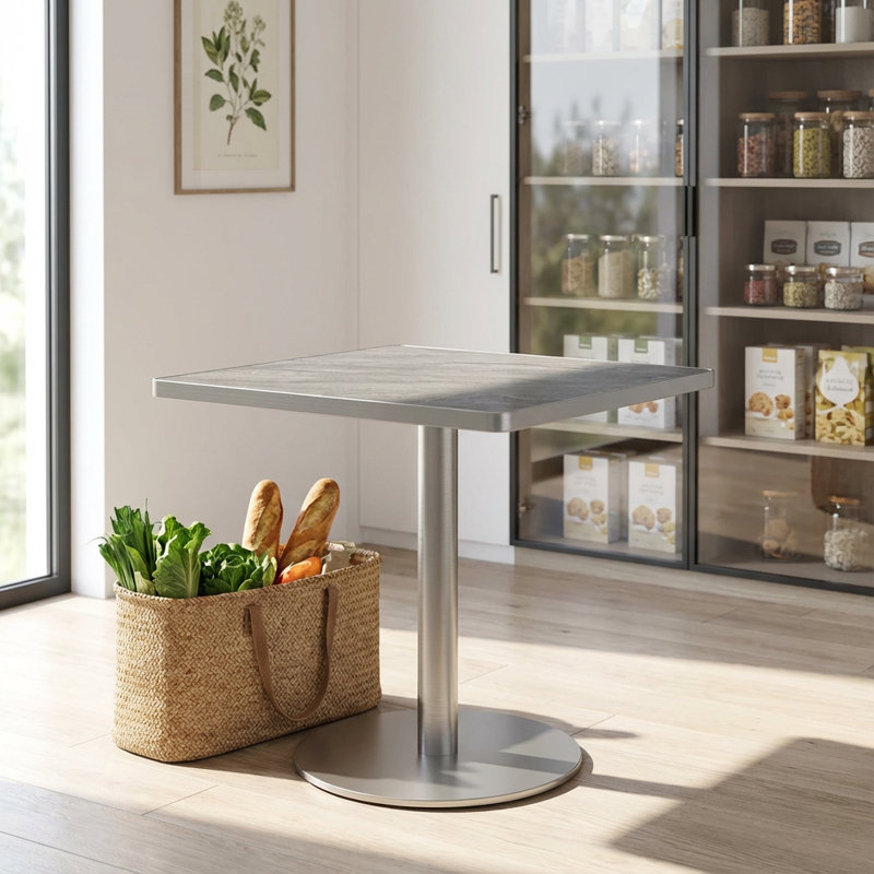 Contemporary Square Dining Table with Faux Marble Top and Sturdy Metal Frame for Modern Bistro or Kitchen Settings, Silver
