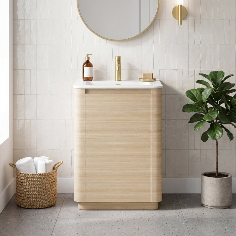 Meuble-lavabo autoportant de 24 po avec lavabo en céramique, coins arrondis et conception sans poignée, 24"