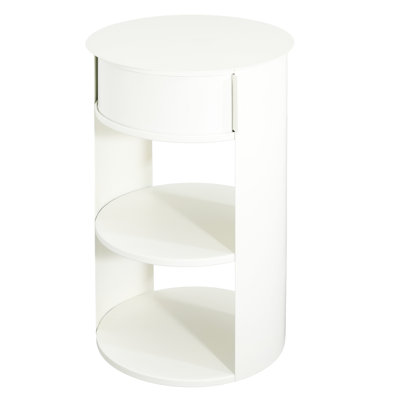 Table d'appoint ronde à 3 niveaux en métal, blanc mat, fer, trois tablettes, porte coulissante sécurisée, sans assemblage, idéale pour un lit ou un lit, convient aux espaces restreints, se déplace parfaitement, complète n'importe quelle table décorative