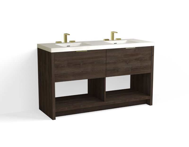 Vista 60" W Freestanding Double Bathroom Vanity, White Gloss, White Nanomatte/Satin Brass, 8" Widespread