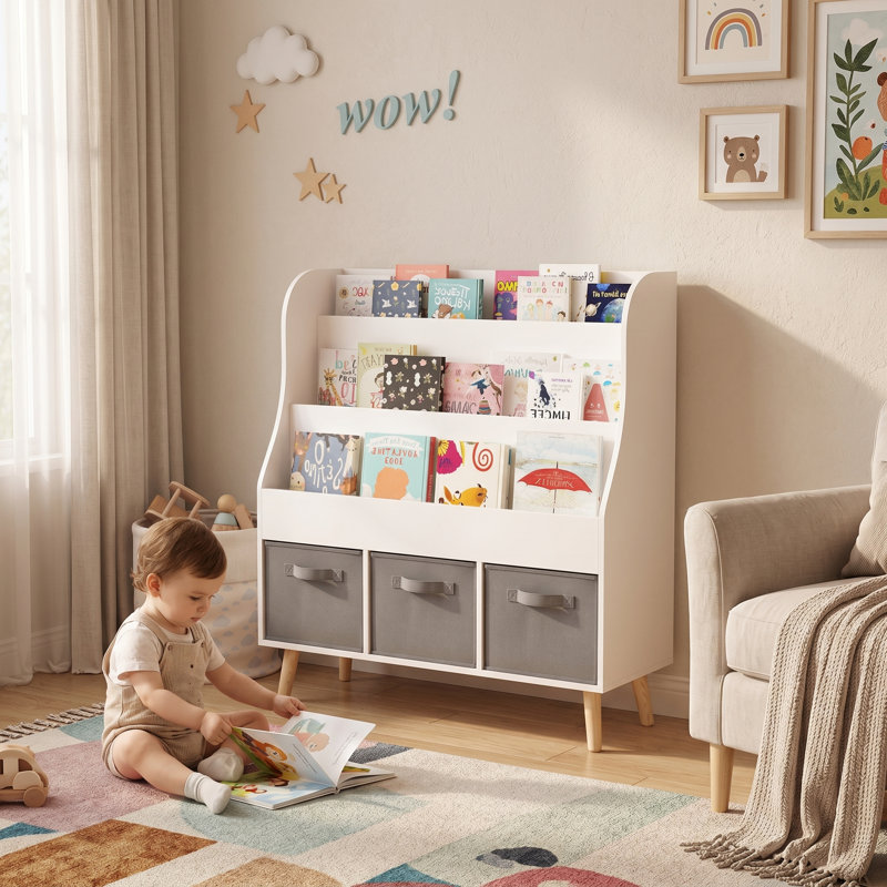 Bibliothèque pour enfants avec 3 bacs en tissu, blanc