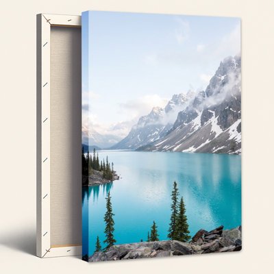 «Turquoise Lake with Misty Snowy Mountains and Pine Trees», art mural sur toile