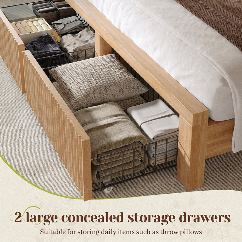 Fluted Panel Platform Bed with Storage, LED Lights & USB Charging, Full, Oak
