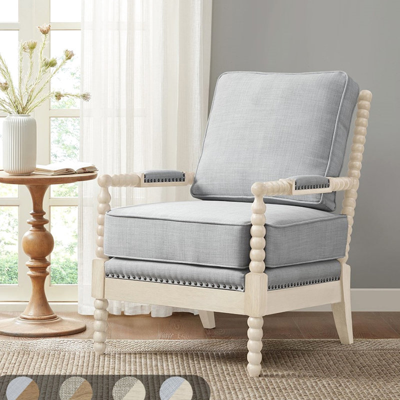 Fauteuil confortable avec coussins amovibles, fauteuil de détente gris en bois massif et rembourrage en mousse haute