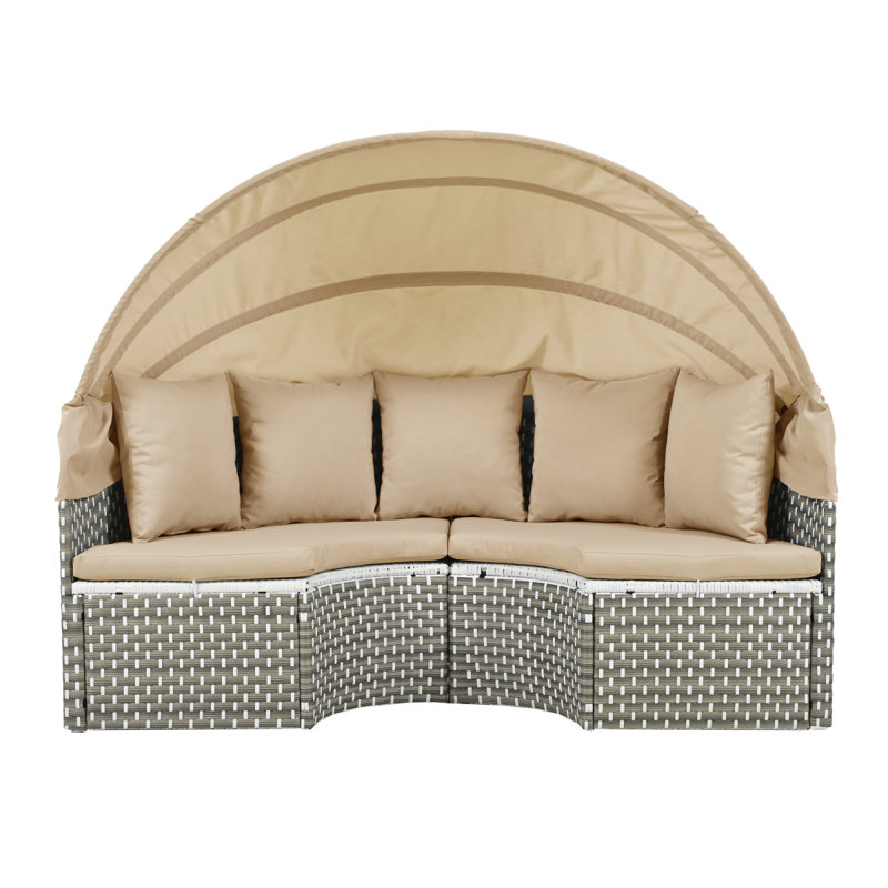 Ensemble de canapé modulaire d'extérieur rond en rotin à deux tons avec auvent rétractable et siège séparé pour patio, Beige
