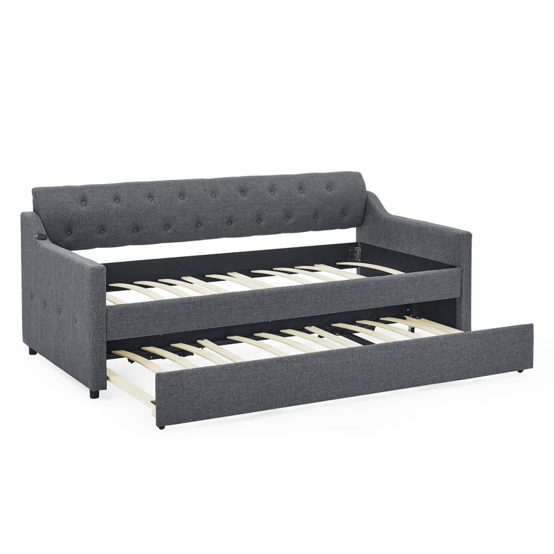 Upholstery Daybed With   Erectable Trundle And USB Charging Design, Gray