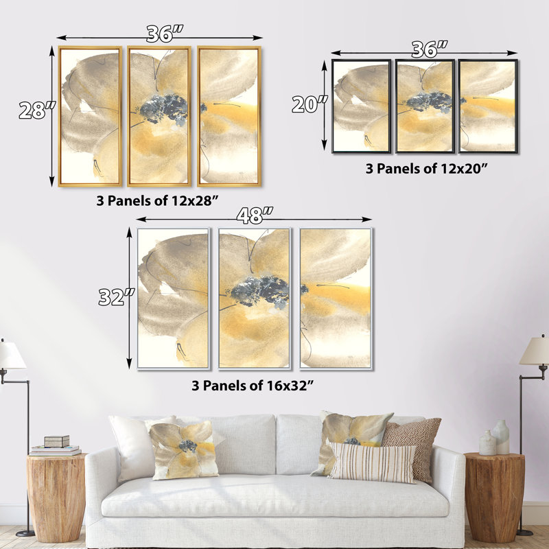 Galm Flower Tones II - ensemble d'art mural sur toile encadré traditionnel de 3, Encadrement doré, L 36 po x H 20 po