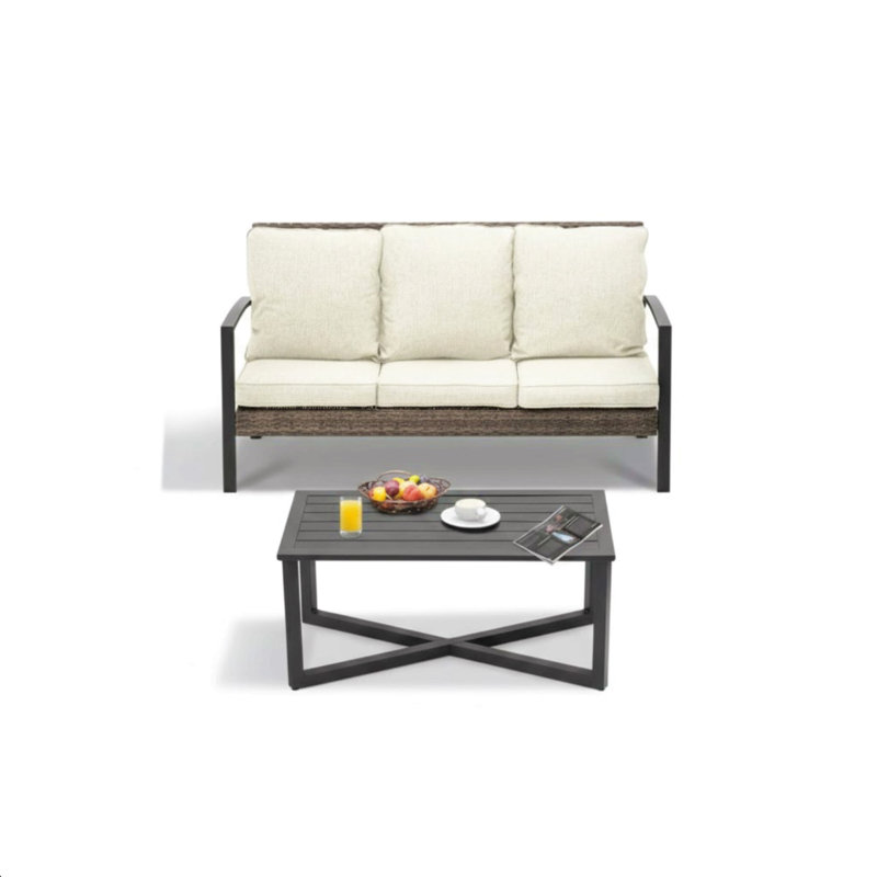 2-Piece Wicker Patio Conversation Set With Cushions & Coffee Table, Beige Cushion/Gray Frame