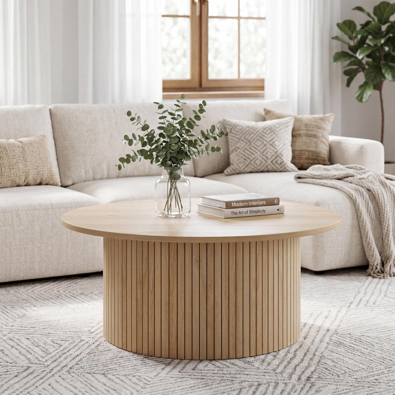 Table basse ronde cannelée de 31,5 po pour le salon, petite table d'appoint centrale circulaire avec structure en métal, table de plancher pour s'asseoir sur le plancher, maison, bureau, chêne