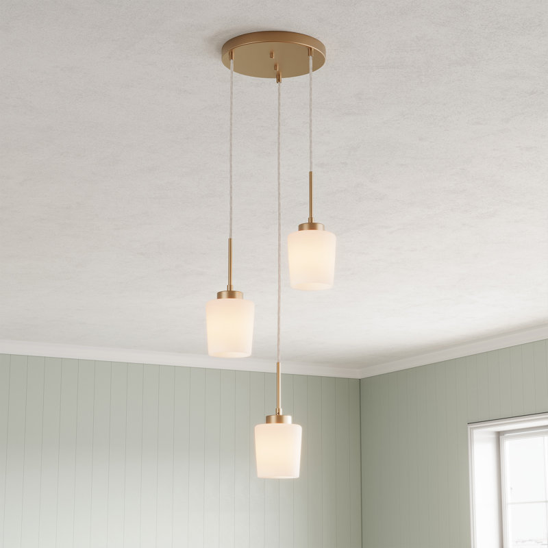 3-Light Brass Metal Chandelier with White Glass Shades, Adjustable Height, Dimmable, UL Certified, E26 Base