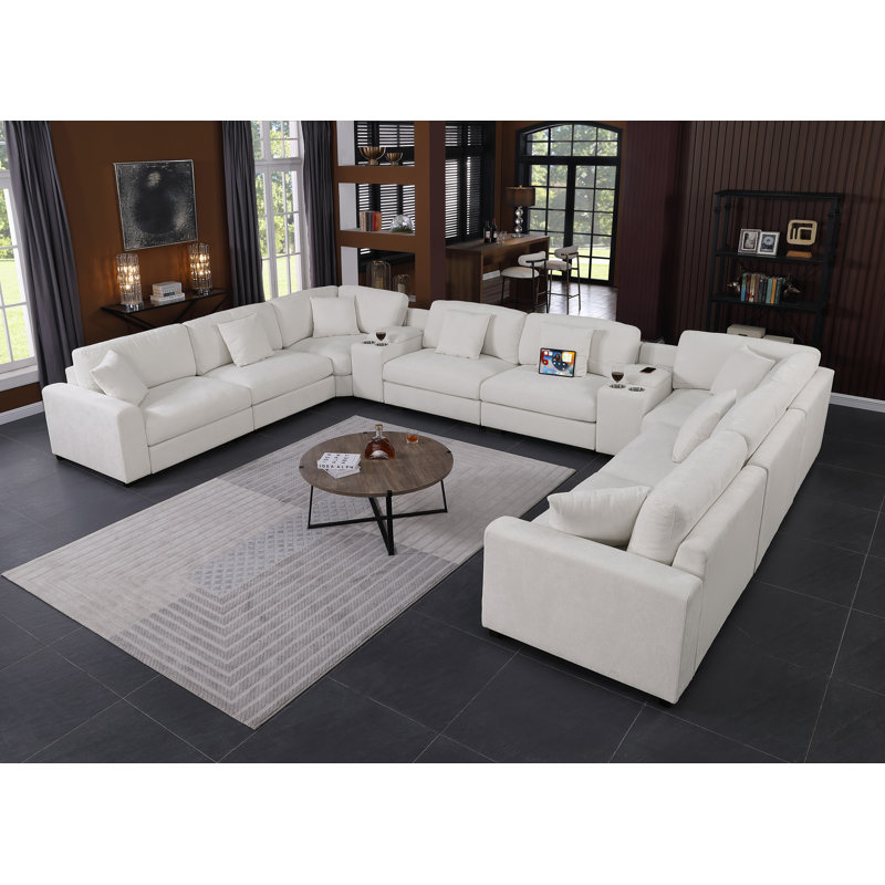 Canapé modulaire d'angle rembourré moderne avec deux consoles Cloud, Chenille blanche