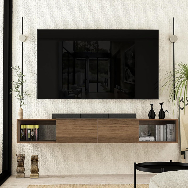  Meuble audio-vidéo mural flottant rectangulaire de 75 po de largeur avec tablettes en bois
