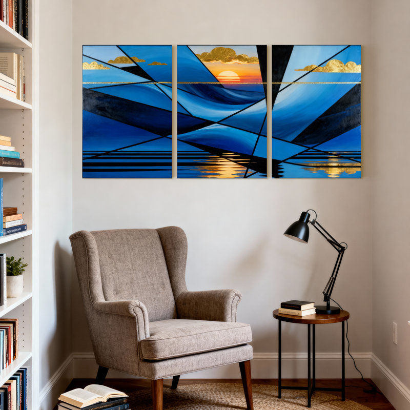 «Abstract Sunset Sky Reflection Ocean Waves», ensemble de 3 impressions sur toile, H 18 po x l 36 po