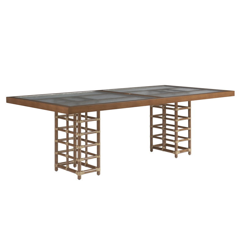 Brown Leather-Like Bamboo Rectangular Dining Table with Wavy Glass Top