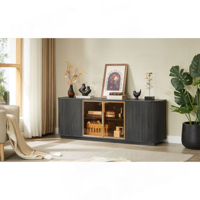 64-Inch Wavy TV Cabinet, Round Sideboard, Wooden Vertical Stripe Storage Cabinet, Aluminum Door Framed Tempered Glass Cabinet for Living Room/Bedroom/ by Latitude Run