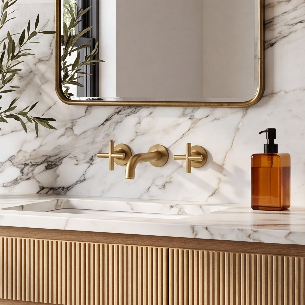 Purist Wall-Mounted Bathroom Faucet, Cross Handle, Vibrant Brushed Moderne Brass