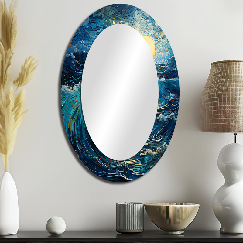 Saralis Saréal jaune océan côtier Serenade pointillisme I - miroir mural unique océan, 36 po x 24 po, Ovale